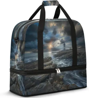 Travel Duffel Bag with Shoe Compartment, Seashore Lighthouse Shoulder Weekender Bags for Women, Foldable Waterproof Travel Bag Carry on Bag