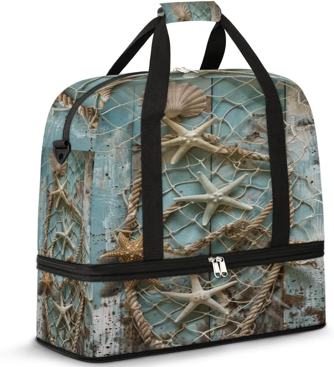 Travel Duffel Bag with Shoe Compartment, Starfishes Rope Net Shoulder Weekender Bags for Women, Foldable Waterproof Travel Bag Carry on Bag