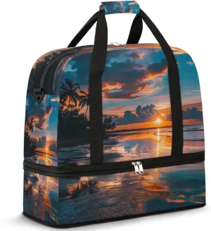 Travel Duffel Bag with Shoe Compartment, Tropical Sunrise Shoulder Weekender Bags for Women, Foldable Waterproof Travel Bag Carry on Bag
