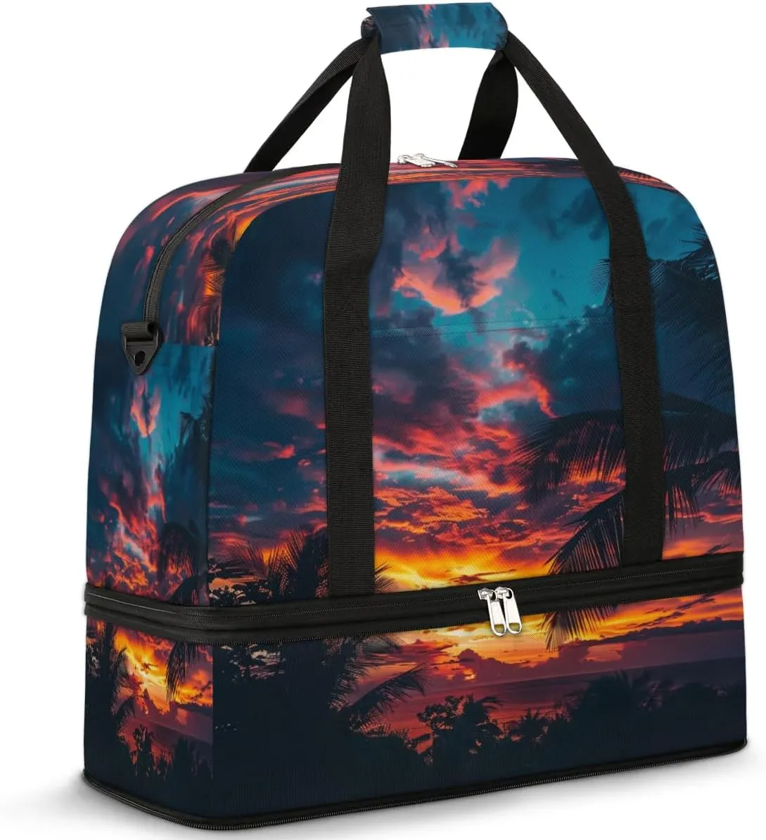 Travel Duffel Bag with Shoe Compartment, Tropical Sunrise Trees Shoulder Weekender Bags for Women, Foldable Waterproof Travel Bag Carry on Bag