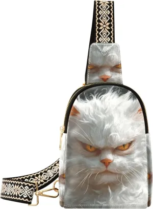trendy Cartoon Funny Turkish Angora Cats Anger sling bag men cute leather sling bag for for hiking