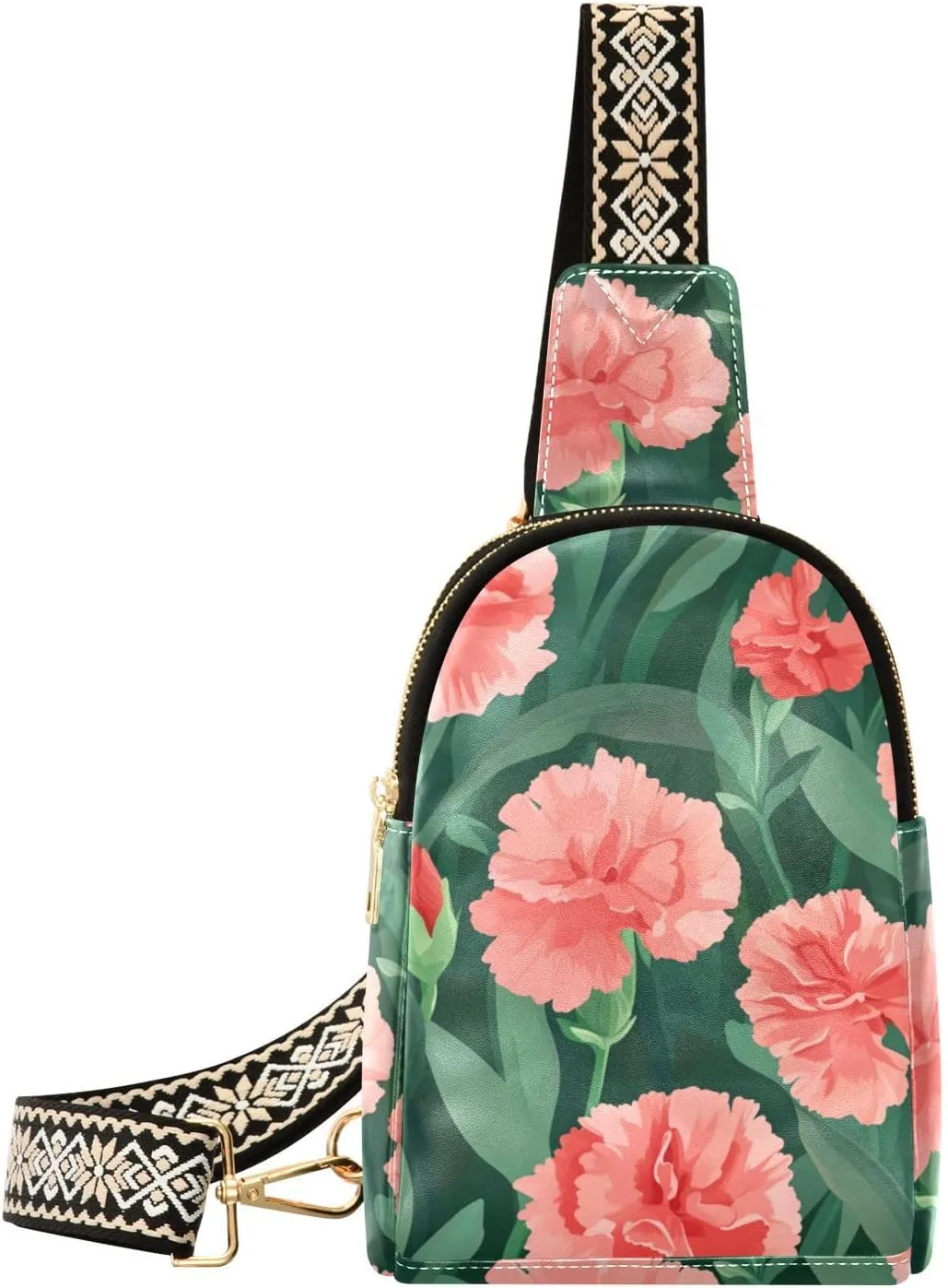 trendy Spain Carnation Beauty Flower sling bag anti-theft black crossbody fanny pack for day pack