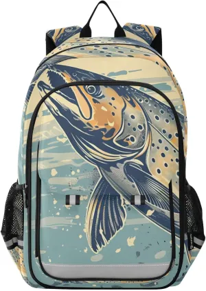 Trout Retro Jump Backpack for Women Men Travel Laptop Daypack Shoulder Bag Book Bag Daypack with Reflective Strip 12.9” × 17.7”