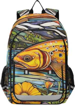 Trout Stain Glass Backpack for Women Men Travel Laptop Daypack Shoulder Bag Book Bag Daypack with Reflective Strip 12.9” × 17.7”