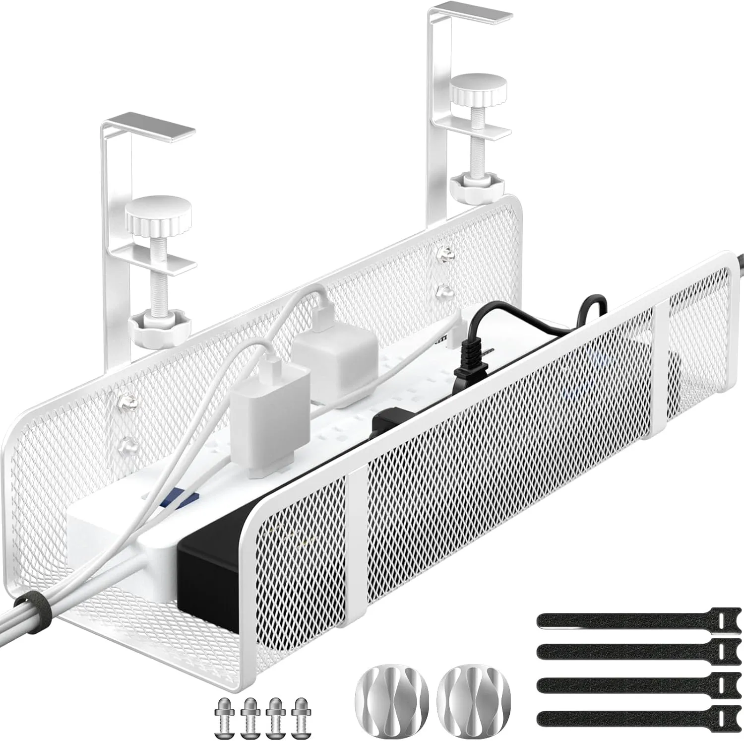 Under Desk Cable Management Tray, Wire Management Desk Cable Organizer Cable Management Box, Cord Organizer Under Desk Storage Cable Raceways for Office, Home - No Damage to Desk No Drill