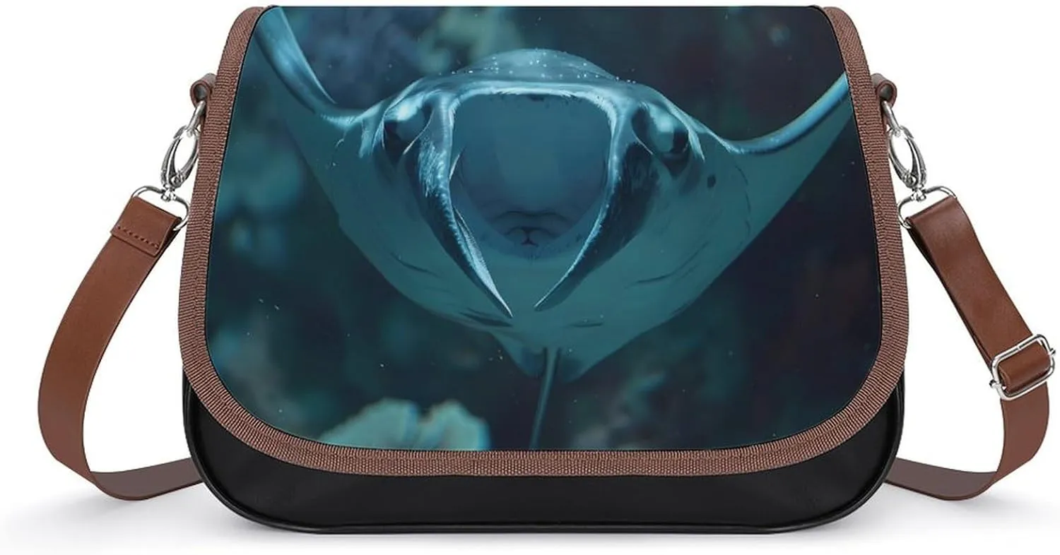 Underwater Ocean Animal Manta Ray Women's Crossbody Bags PU Leather Shoulder Bag Handbag Purse Messenger Bag with Shoulder Strap