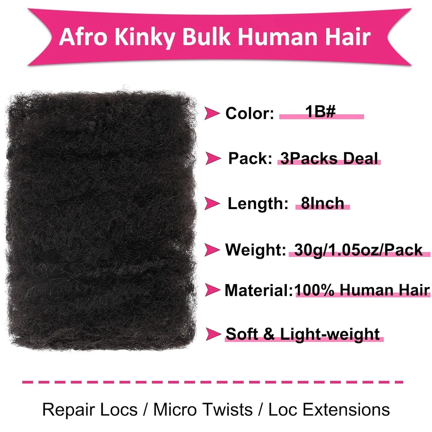 Unionbeauty 3 Pack Afro Kinkys Bulk Human Hair for Mini Micro Twists 100% Human Hair Loc Repair Afro Kinky Braiding Human Hair Kinky Bulk Human Hair 8 Inch Micro Twist Braiding Human Hair 30g/Pack 1B#