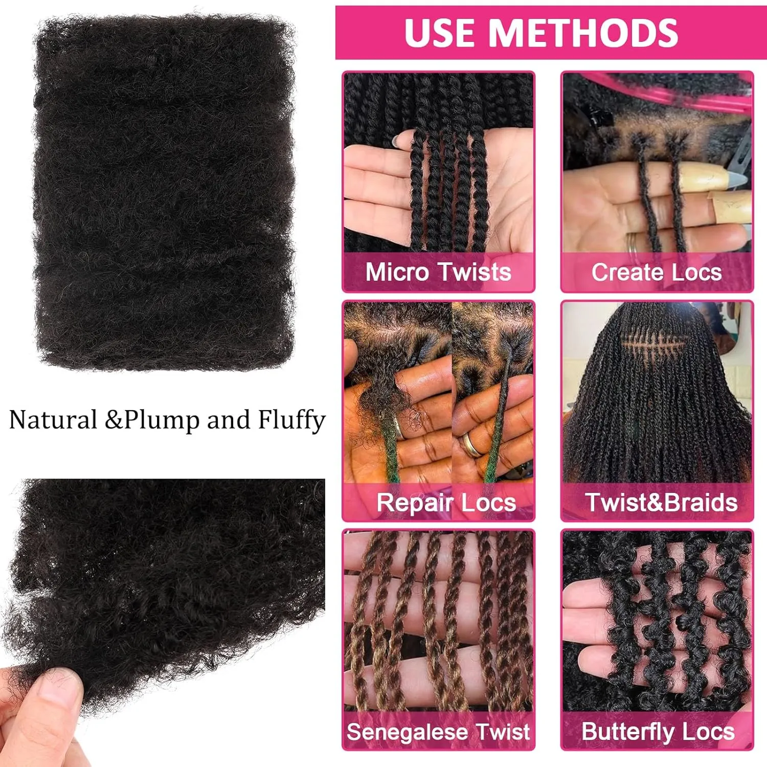 Unionbeauty 3 Pack Afro Kinkys Bulk Human Hair for Mini Micro Twists 100% Human Hair Loc Repair Afro Kinky Braiding Human Hair Kinky Bulk Human Hair 8 Inch Micro Twist Braiding Human Hair 30g/Pack 1B#