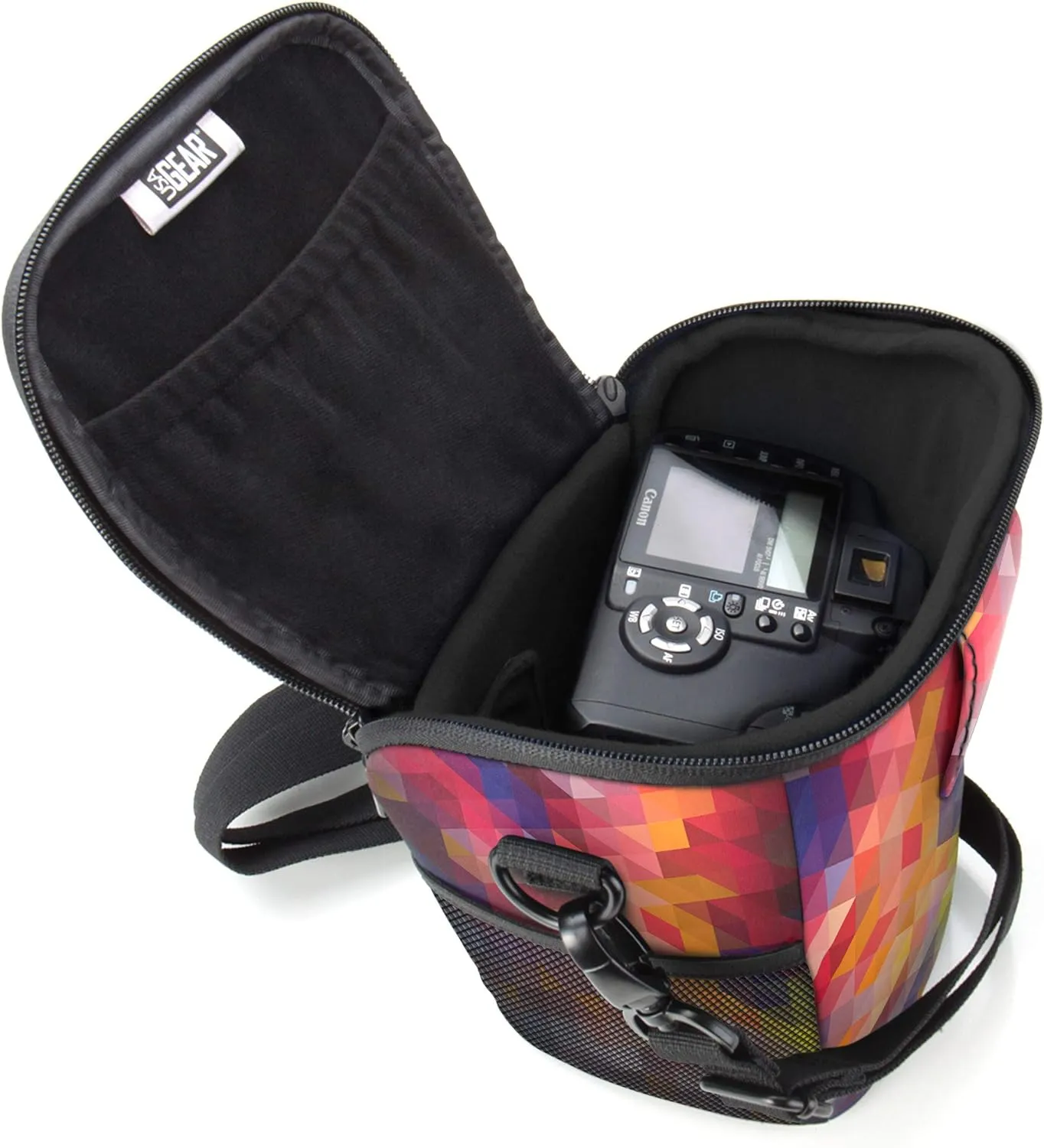 USA GEAR DSLR Camera Case for Men and Women with Top Loading Accessibility, Adjustable Shoulder, Small Camera Sling Bag, Padded Handle - Camera Holster Bag for Nikon, Canon, Panasonic (Geometric)