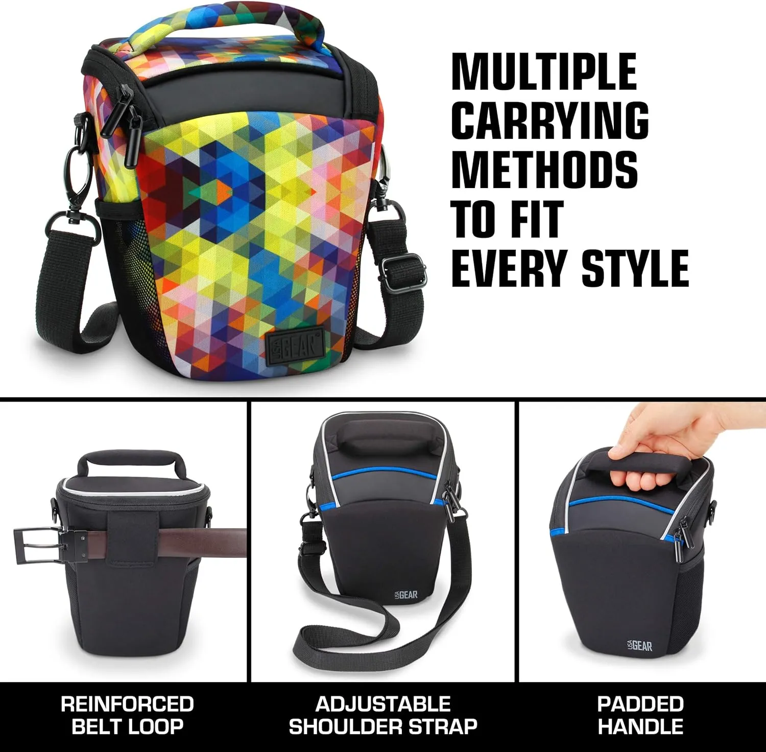 USA GEAR DSLR Camera Case for Men and Women with Top Loading Accessibility, Adjustable Shoulder, Small Camera Sling Bag, Padded Handle - Camera Holster Bag for Nikon, Canon, Panasonic (Geometric)