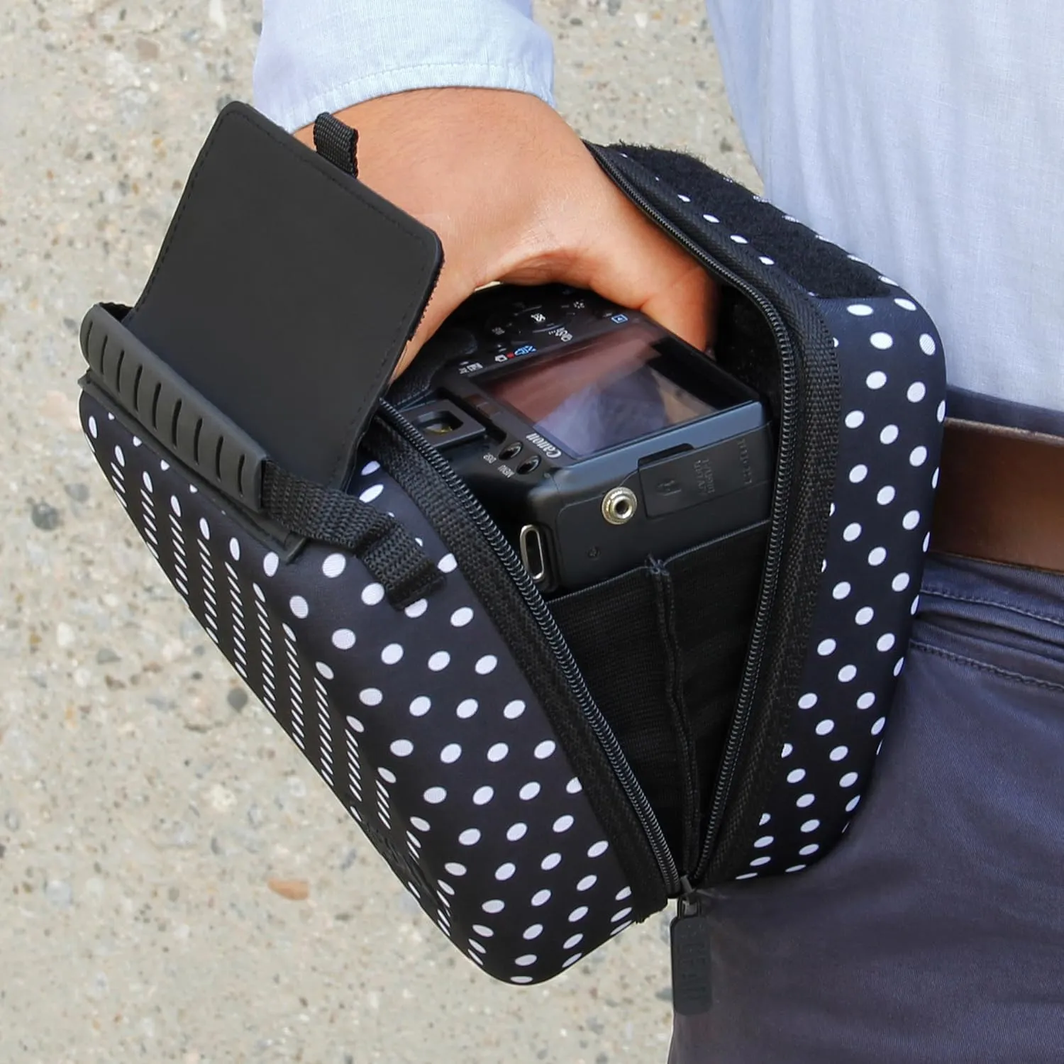USA GEAR DSLR Camera Sleeve with Molded EVA Hard Shell Camera Case Protection, Quick Access Opening, Padded Interior and Rubber Coated Handle-Compatible with Nikon, Canon, Olympus and More (Polka Dot)