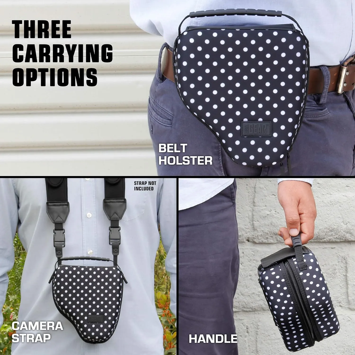 USA GEAR DSLR Camera Sleeve with Molded EVA Hard Shell Camera Case Protection, Quick Access Opening, Padded Interior and Rubber Coated Handle-Compatible with Nikon, Canon, Olympus and More (Polka Dot)