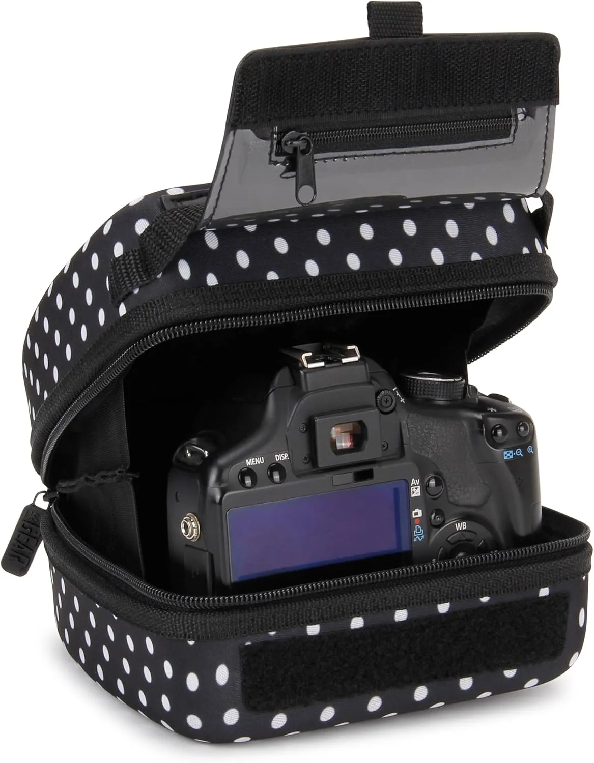 USA GEAR DSLR Camera Sleeve with Molded EVA Hard Shell Camera Case Protection, Quick Access Opening, Padded Interior and Rubber Coated Handle-Compatible with Nikon, Canon, Olympus and More (Polka Dot)