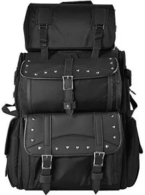 Vance Leather Deluxe Textile Sissy Bar Bag Motorcycle Travel Luggage with Sissy Bar Straps, Black with Studs