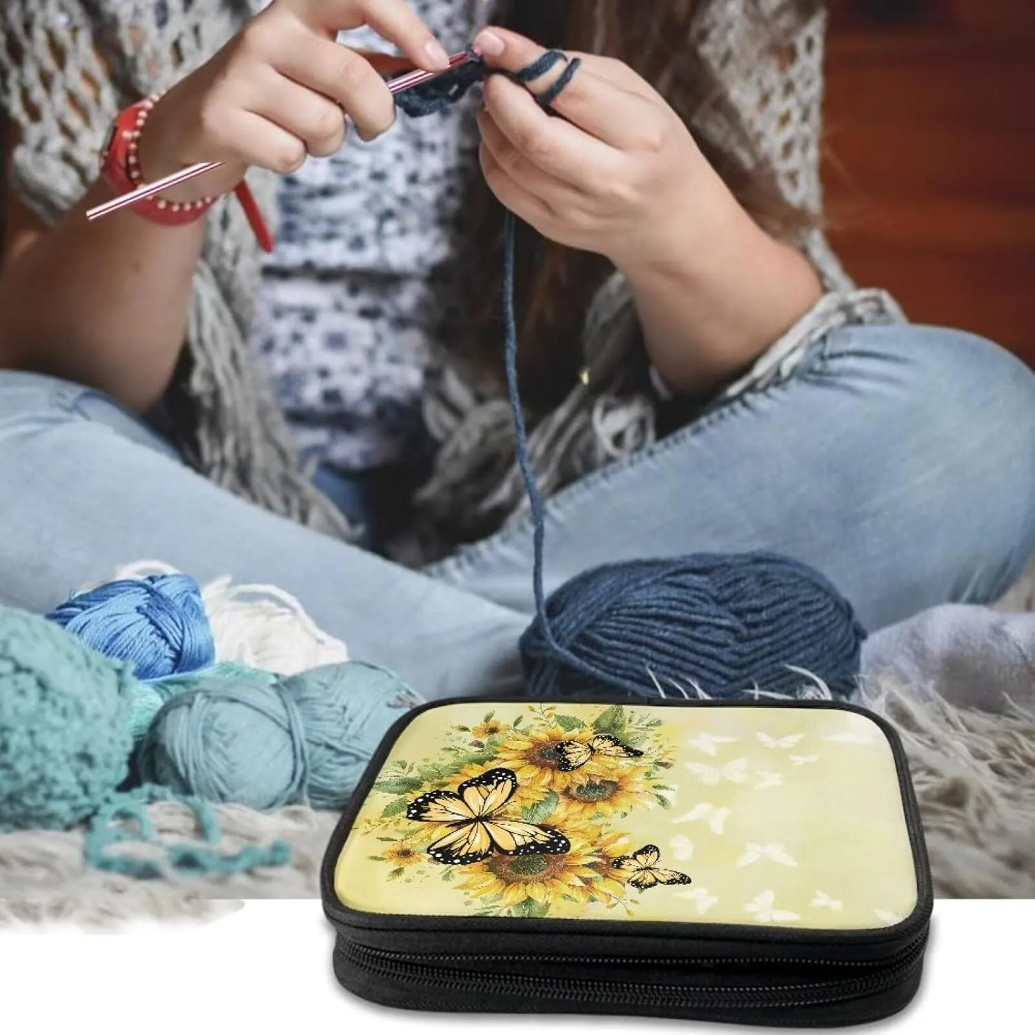 Vanideaoty Butterfly Crochet Hook Case Portable Sunflower Crochet Hook Organizer with Web Pockets Holiday Gifts for Girls Women
