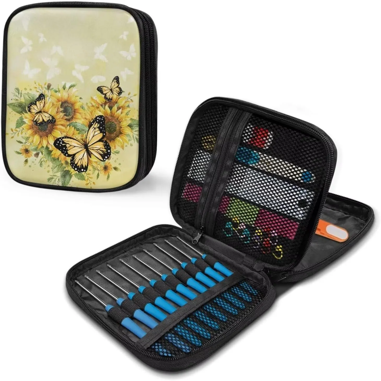 Vanideaoty Butterfly Crochet Hook Case Portable Sunflower Crochet Hook Organizer with Web Pockets Holiday Gifts for Girls Women