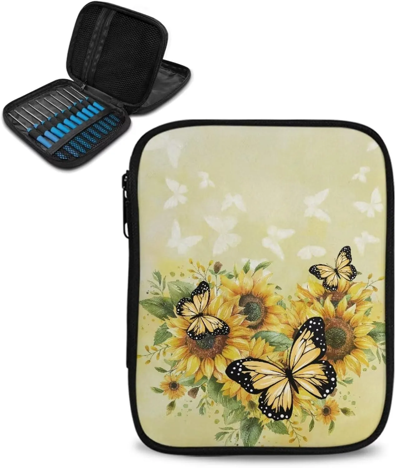 Vanideaoty Butterfly Crochet Hook Case Portable Sunflower Crochet Hook Organizer with Web Pockets Holiday Gifts for Girls Women