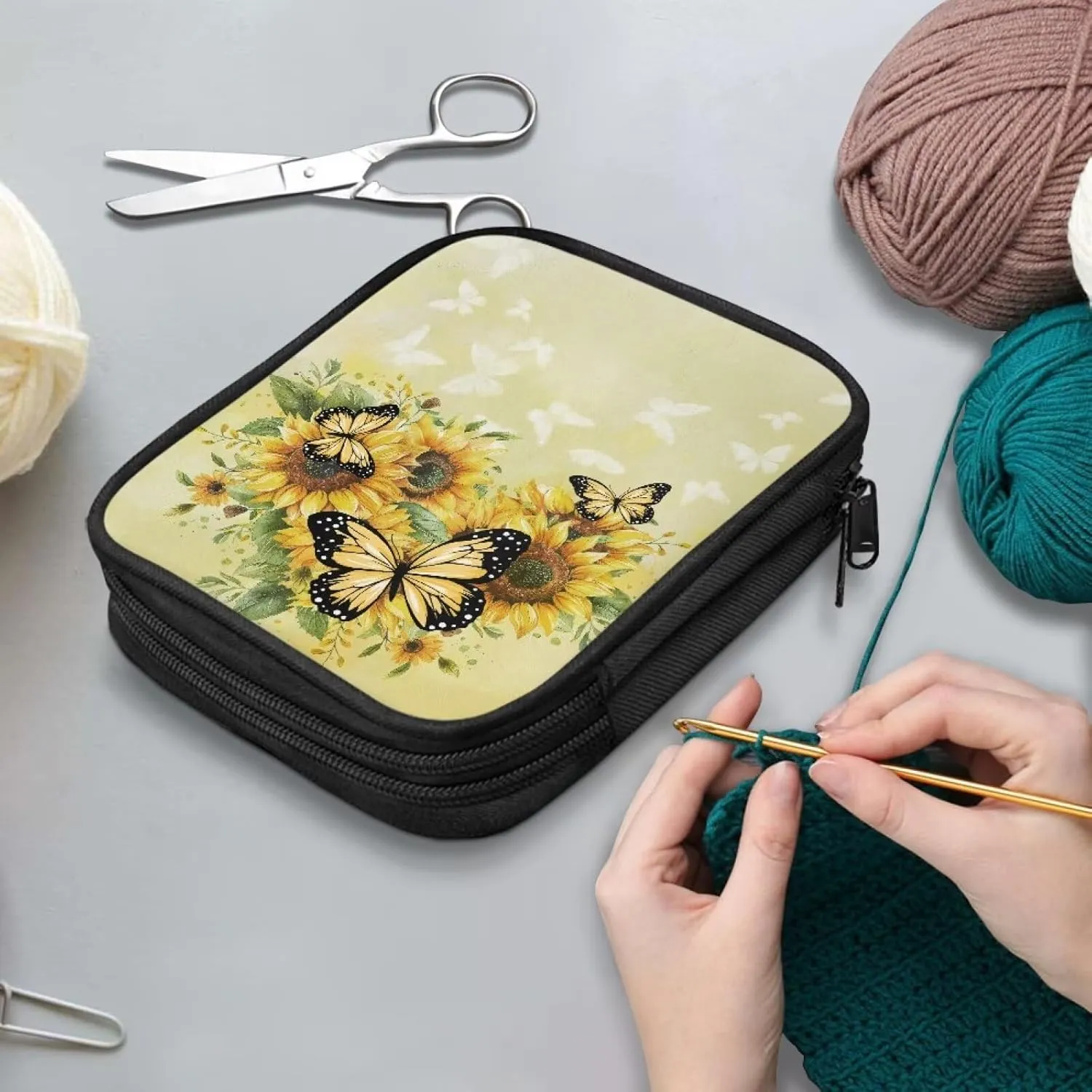 Vanideaoty Butterfly Crochet Hook Case Portable Sunflower Crochet Hook Organizer with Web Pockets Holiday Gifts for Girls Women