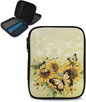 Vanideaoty Butterfly Crochet Hook Case Portable Sunflower Crochet Hook Organizer with Web Pockets Holiday Gifts for Girls Women