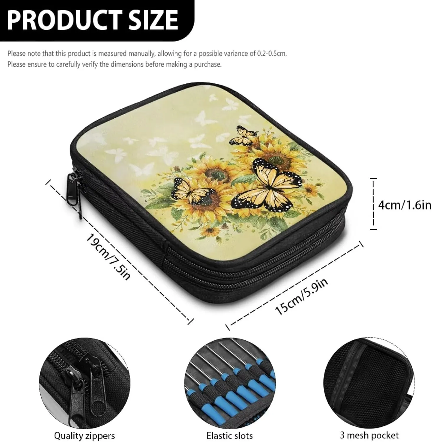 Vanideaoty Butterfly Crochet Hook Case Portable Sunflower Crochet Hook Organizer with Web Pockets Holiday Gifts for Girls Women