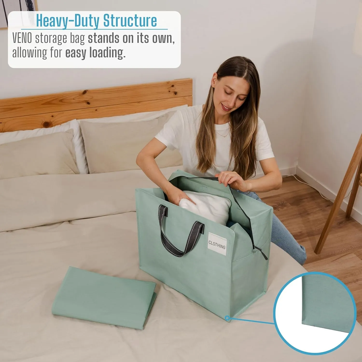 VENO 4 Pack Heavy Duty Moving Bags, Storage Bags, Packing Supplies, Top Zipper, Storage Totes for Camping, Clothes, Bedding, Comforters, Pillows (13 Gallon Light Green, 4 Pack)