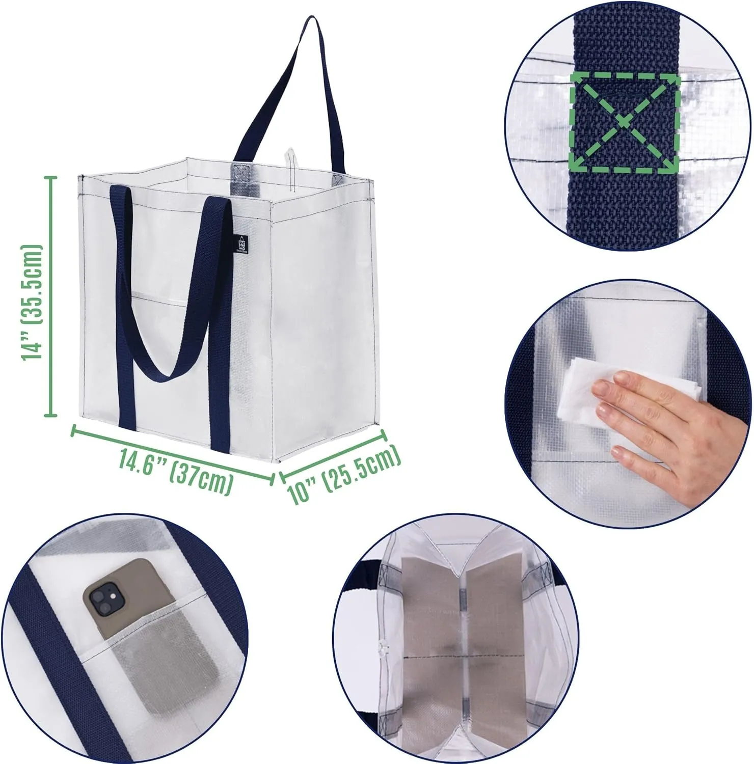 VENO 4 Pack Reusable Grocery Bags w/ Hard Bottom, Heavy-Duty Shopping Bags for Shopping Cart (Clear, 4 Pack)