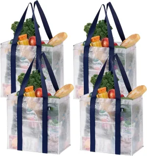 VENO 4 Pack Reusable Grocery Bags w/ Hard Bottom, Heavy-Duty Shopping Bags for Shopping Cart (Clear, 4 Pack)