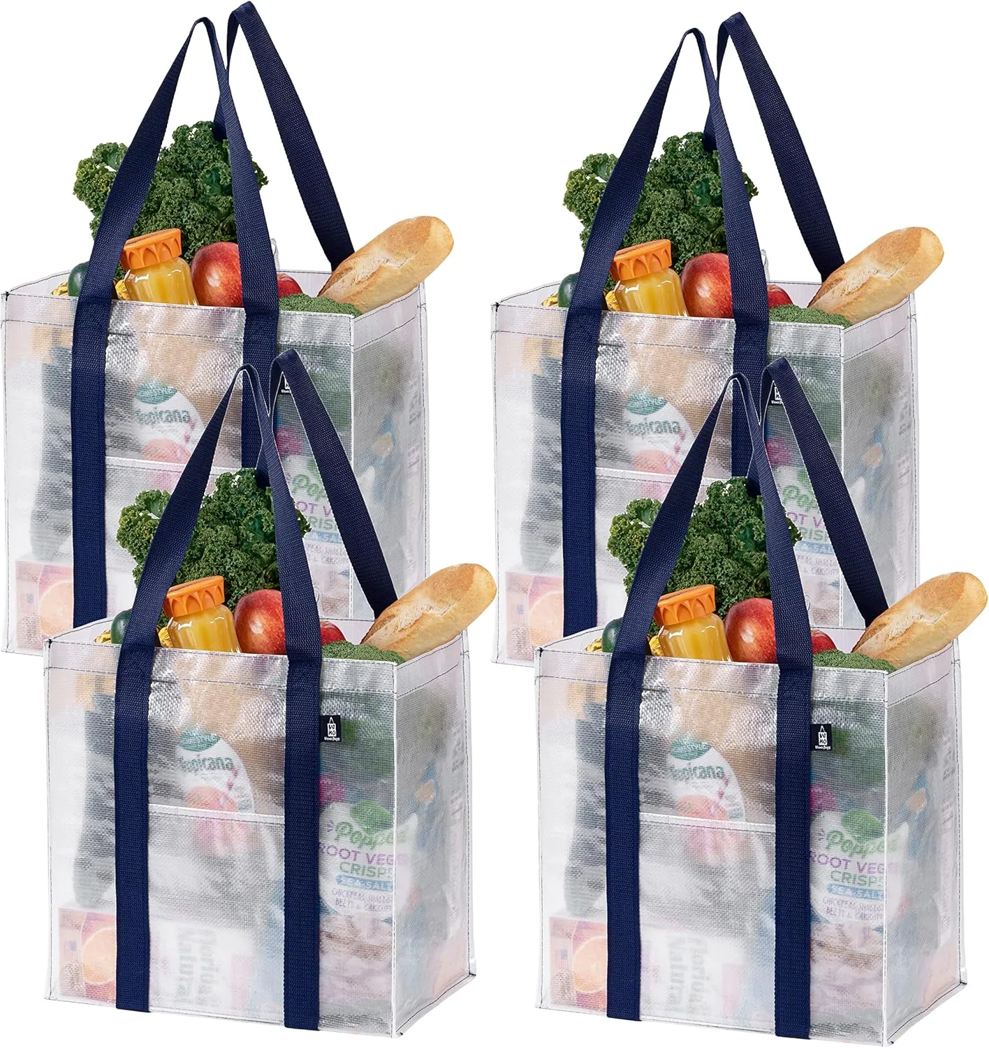 VENO 4 Pack Reusable Grocery Bags w/ Hard Bottom, Heavy-Duty Shopping Bags for Shopping Cart (Clear, 4 Pack)