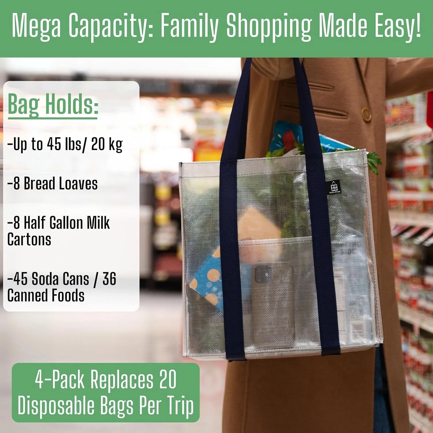 VENO 4 Pack Reusable Grocery Bags w/ Hard Bottom, Heavy-Duty Shopping Bags for Shopping Cart (Clear, 4 Pack)