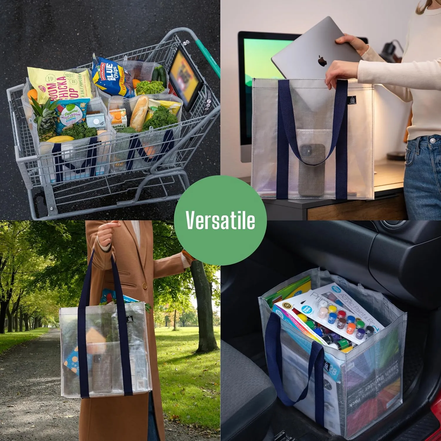 VENO 4 Pack Reusable Grocery Bags w/ Hard Bottom, Heavy-Duty Shopping Bags for Shopping Cart (Clear, 4 Pack)