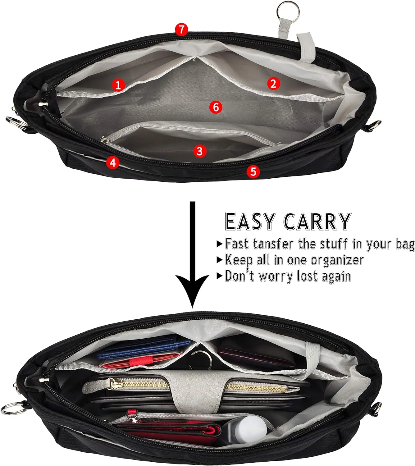 Vercord Expandable Nylon Handbag Purse Organizer Insert Liner Shaper Bag in Bag Black XLarge