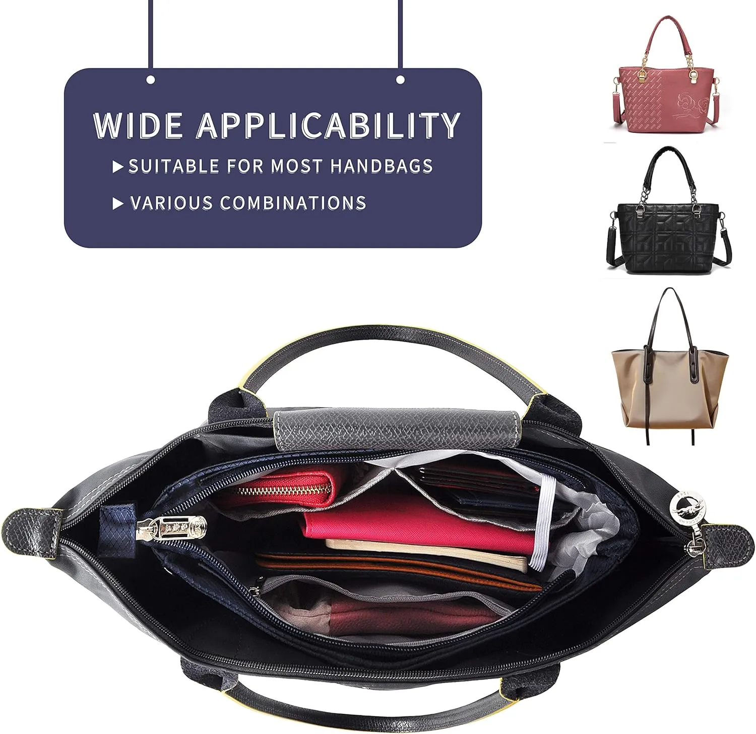 Vercord Expandable Nylon Handbag Purse Organizer Insert Liner Shaper Bag in Bag Navy Medium