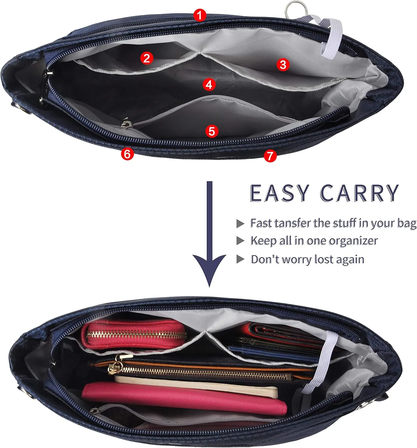 Vercord Expandable Nylon Handbag Purse Organizer Insert Liner Shaper Bag in Bag Navy Medium