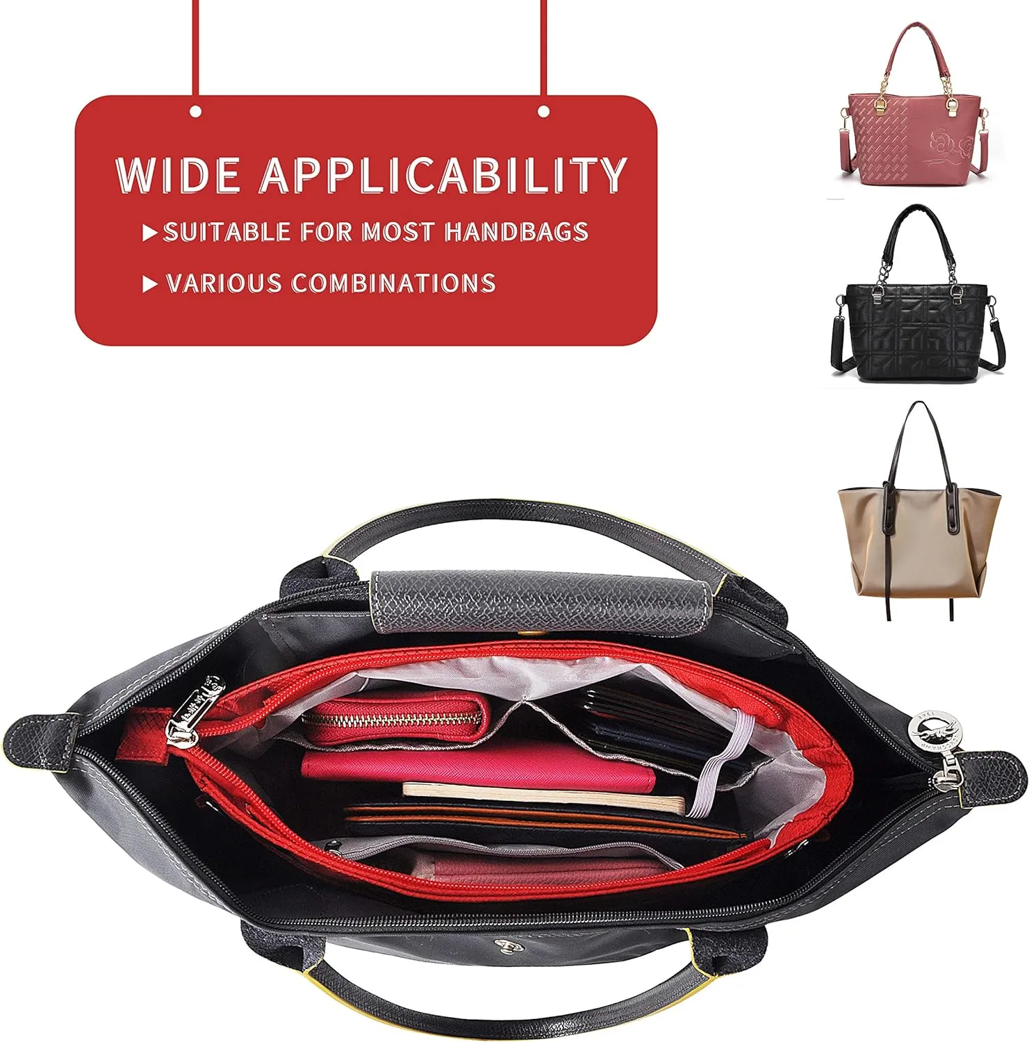 Vercord Expandable Nylon Handbag Purse Organizer Insert Liner Shaper Bag in Bag Red Large