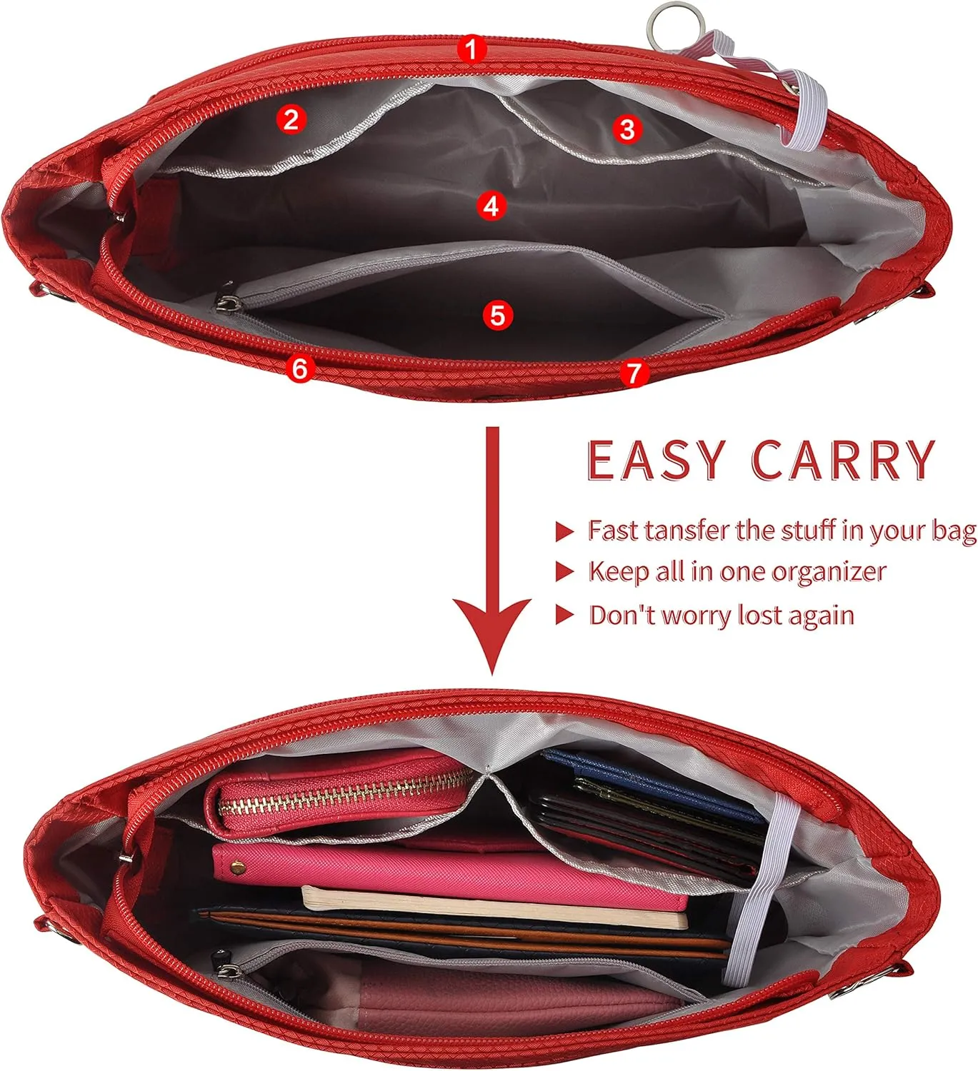 Vercord Expandable Nylon Handbag Purse Organizer Insert Liner Shaper Bag in Bag Red Large