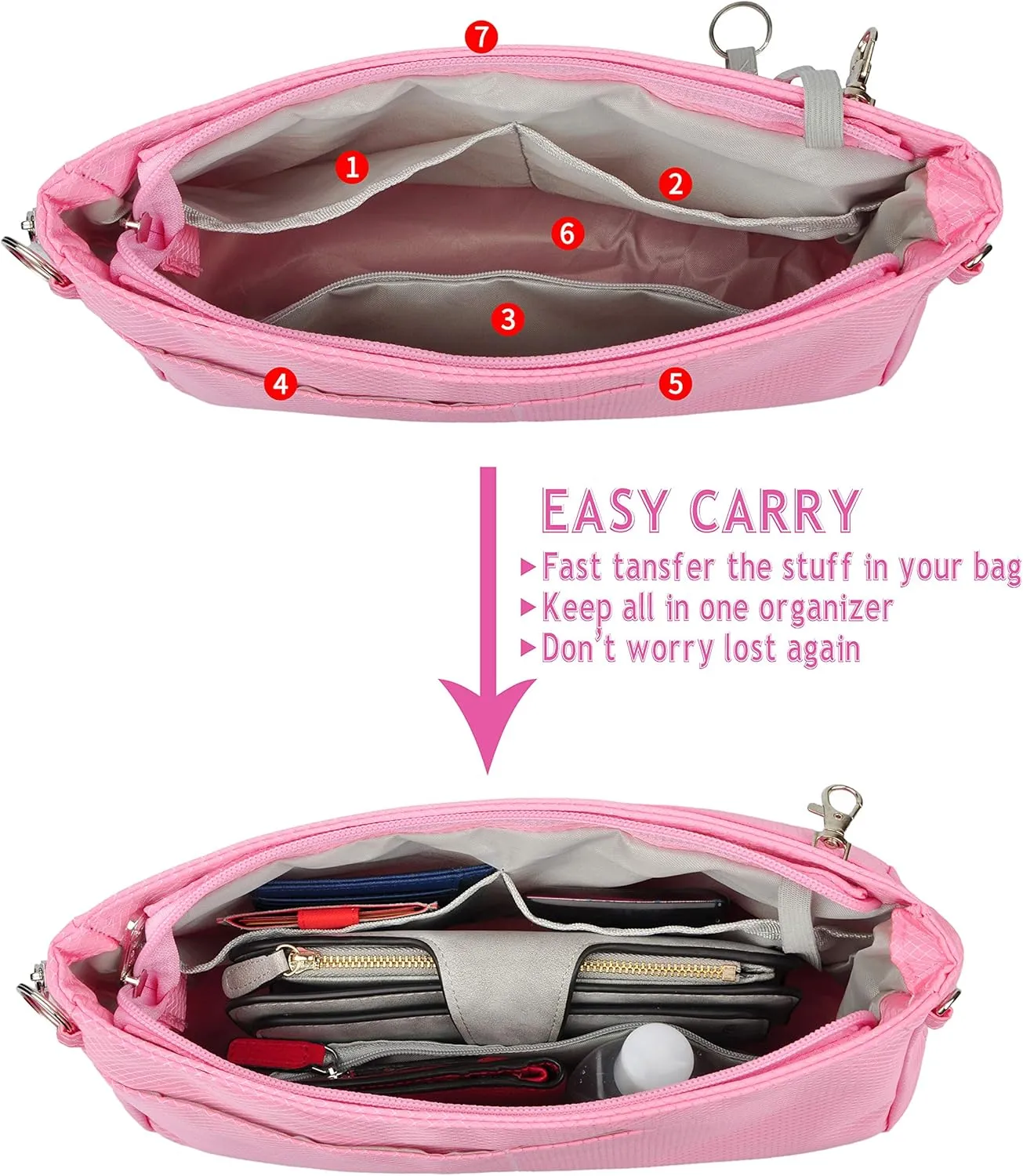 Vercord Expandable Nylon Handbag Purse Organizer Insert Liner Shaper Bag In Bag Rose Medium
