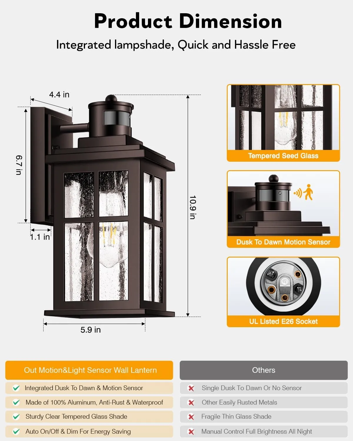 VIANIS Brown Exterior Lighting Fixtures Wall Mount with Motion Sensor, 2 Packs Oil Rubbed Bronze Outdoor Wall Sconce Lantern, 100% Aluminum Dusk to Dawn Outdoor Lighting for House, Garage, Doorway