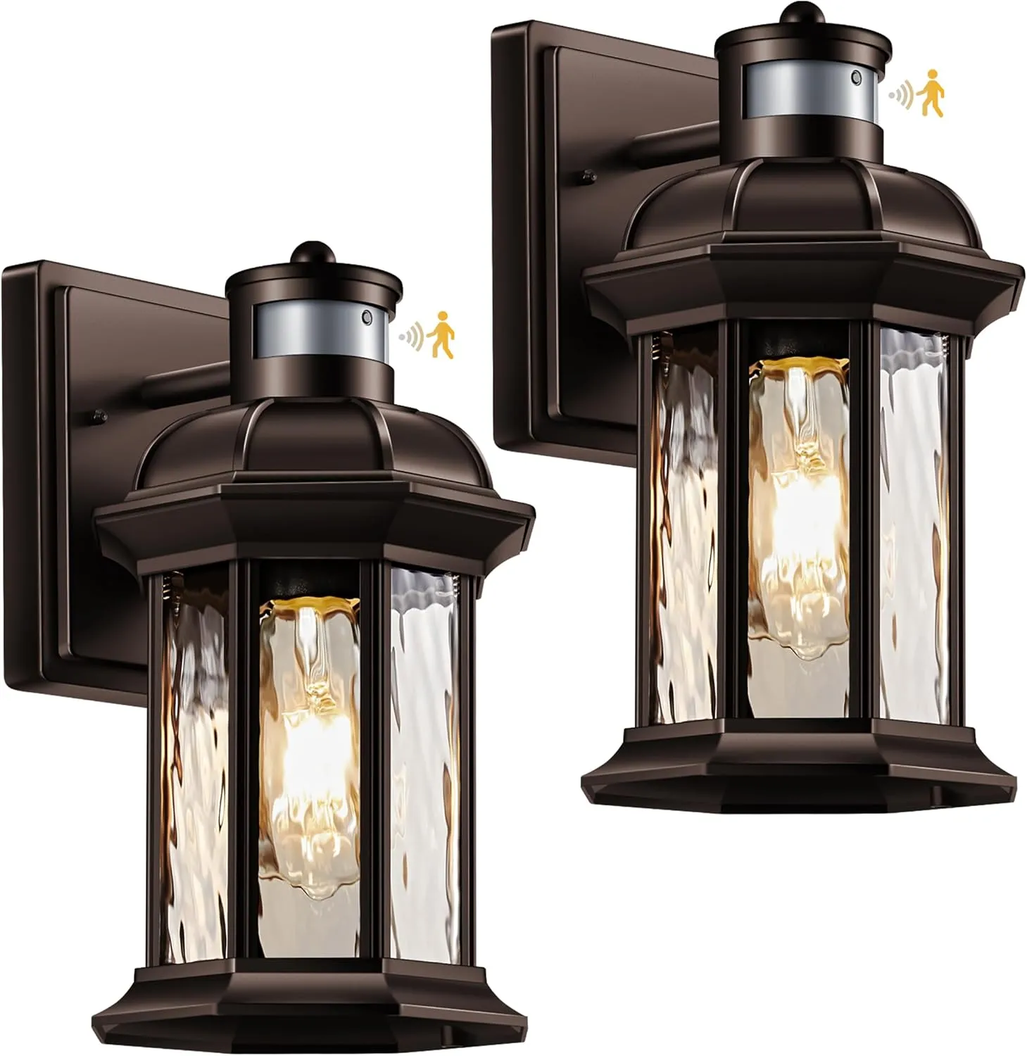 VIANIS Outdoor Light Fixture with Motion Sensor, 2 Packs Oil Rubbed Bronze Dusk to Dawn Exterior Garage Wall Sconce Lighting, 100% Aluminum Outside Porch Lights for House with Tempered Ripple Glass