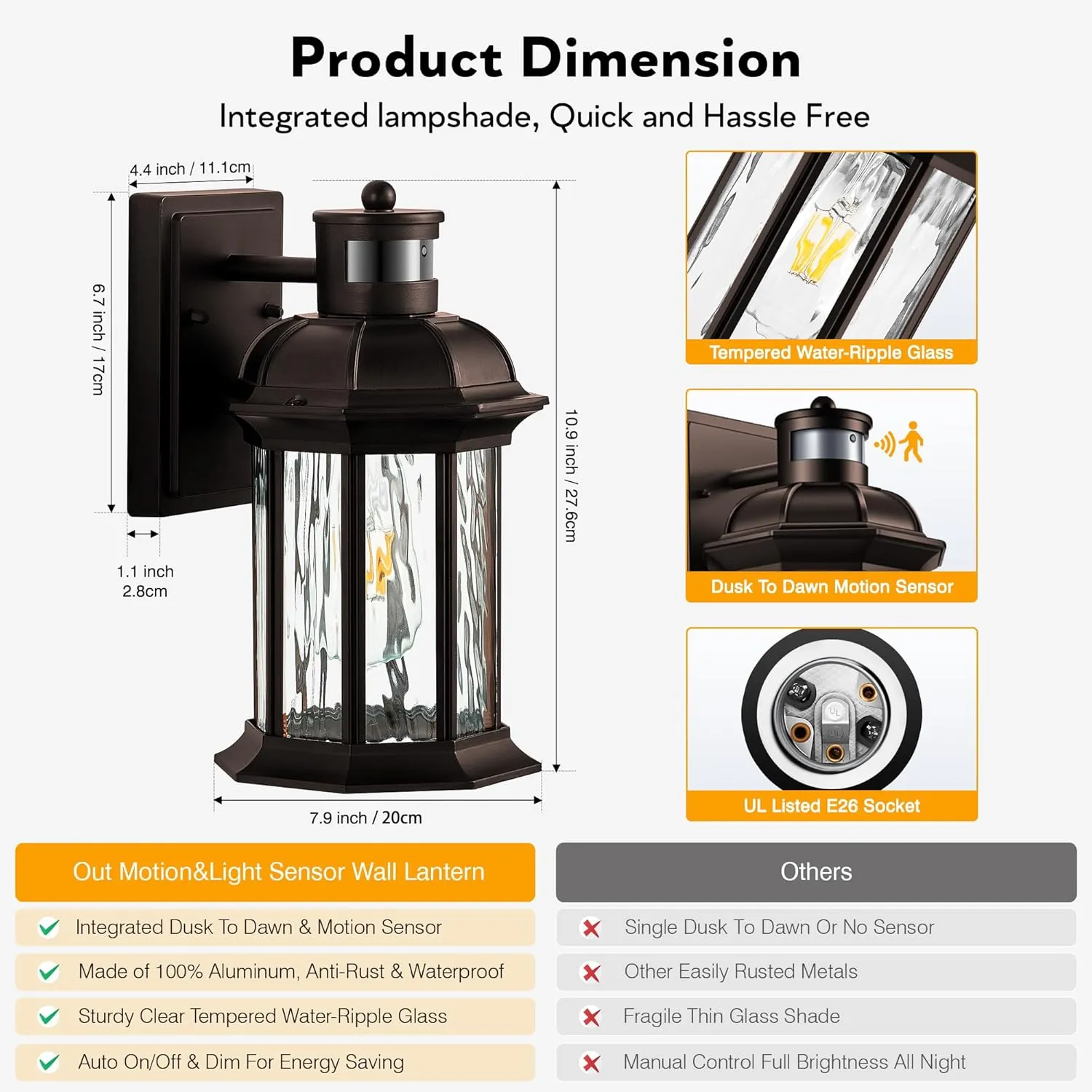 VIANIS Outdoor Light Fixture with Motion Sensor, 2 Packs Oil Rubbed Bronze Dusk to Dawn Exterior Garage Wall Sconce Lighting, 100% Aluminum Outside Porch Lights for House with Tempered Ripple Glass