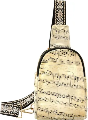 VIGTRO Fanny Pack Music Notes on Stave Front Chest Bag Leather Waterproof, Abstract Old Paper Women Sling Bag for Travel Hiking Cycling