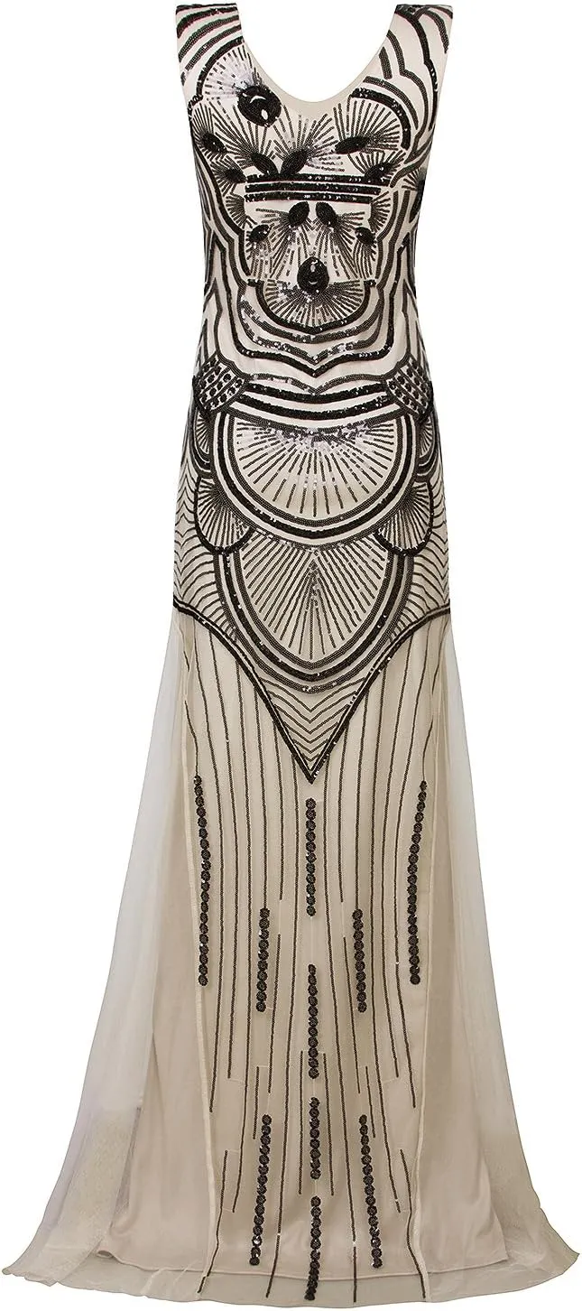 Vijiv 1920s Long Maxi Prom Gowns Sequin Mermaid Bridesmaid Formal Evening Dress