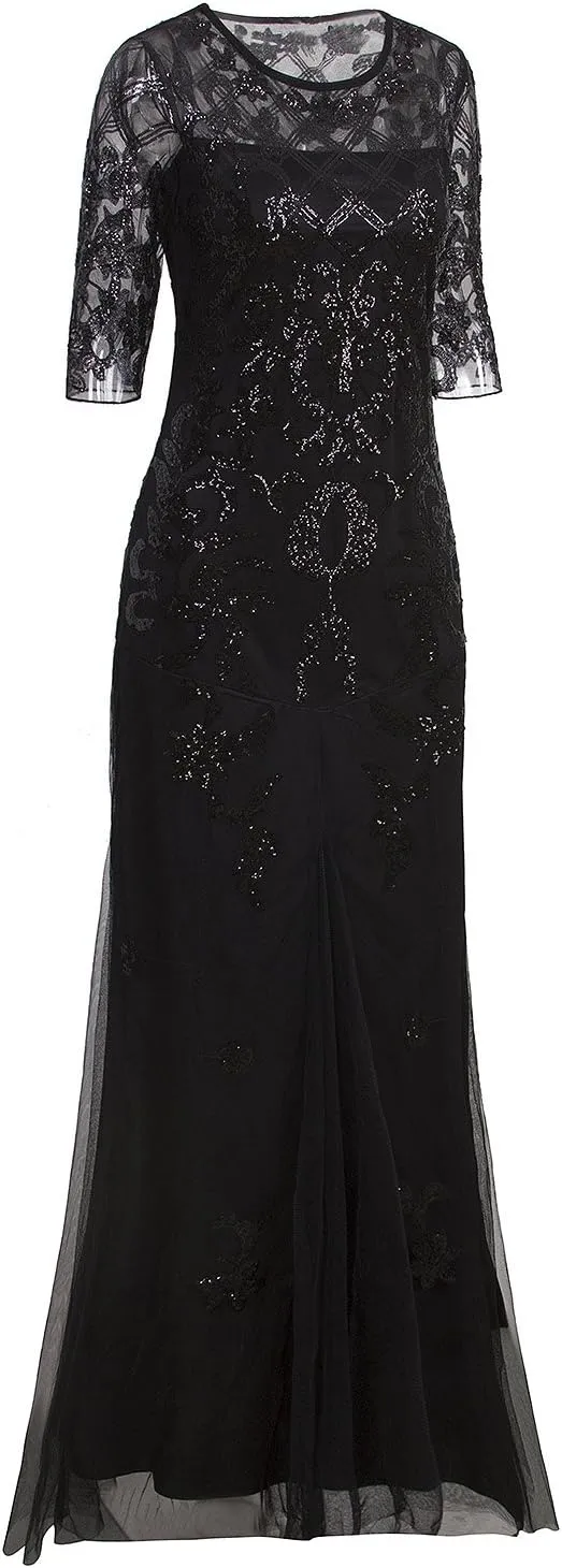 Vijiv Vintage 1920s Long Wedding Prom Dresses 2/3 Sleeve Sequin Party Evening Gown