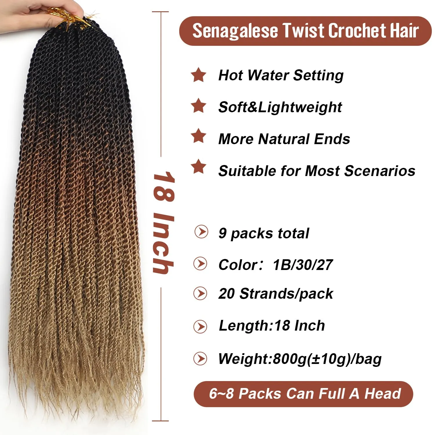 VIOLET Senegalese Twist Crochet Hair For Black Women 18 Inch Long Pre Twisted Twist Crochet Hair 20 Strands/Pack Pre-Looped Crochet Braids For Black Women 9 Packs Twist Hair