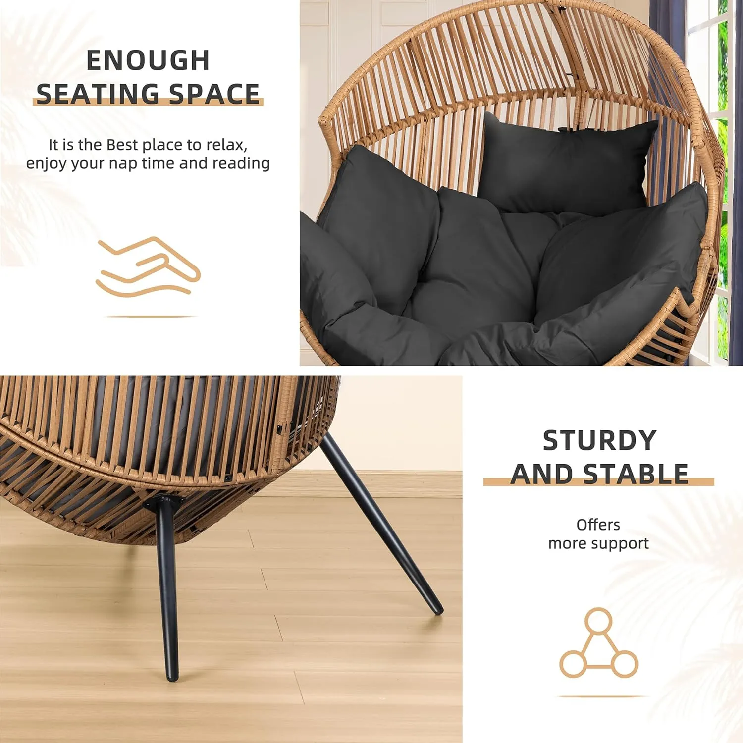 Vongrasig Wicker Egg Chair PE Rattan Chair with Cushion, Oversized Patio Lounge Chair for Outdoor, Indoor, Balcony, Backyard, Garden, Living Room, Black
