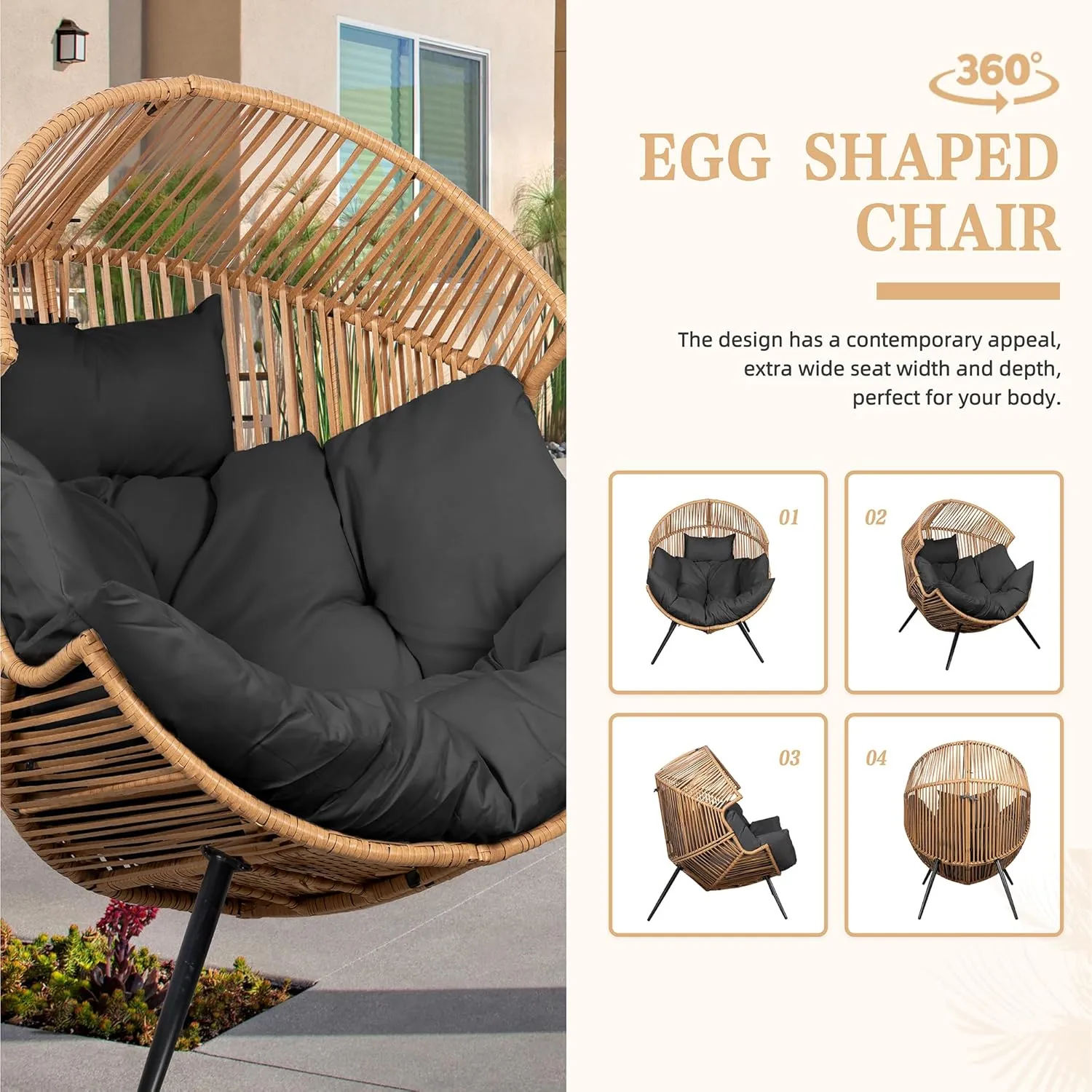 Vongrasig Wicker Egg Chair PE Rattan Chair with Cushion, Oversized Patio Lounge Chair for Outdoor, Indoor, Balcony, Backyard, Garden, Living Room, Black