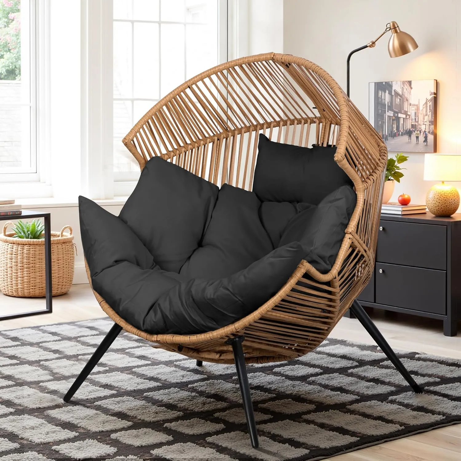 Vongrasig Wicker Egg Chair PE Rattan Chair with Cushion, Oversized Patio Lounge Chair for Outdoor, Indoor, Balcony, Backyard, Garden, Living Room, Black
