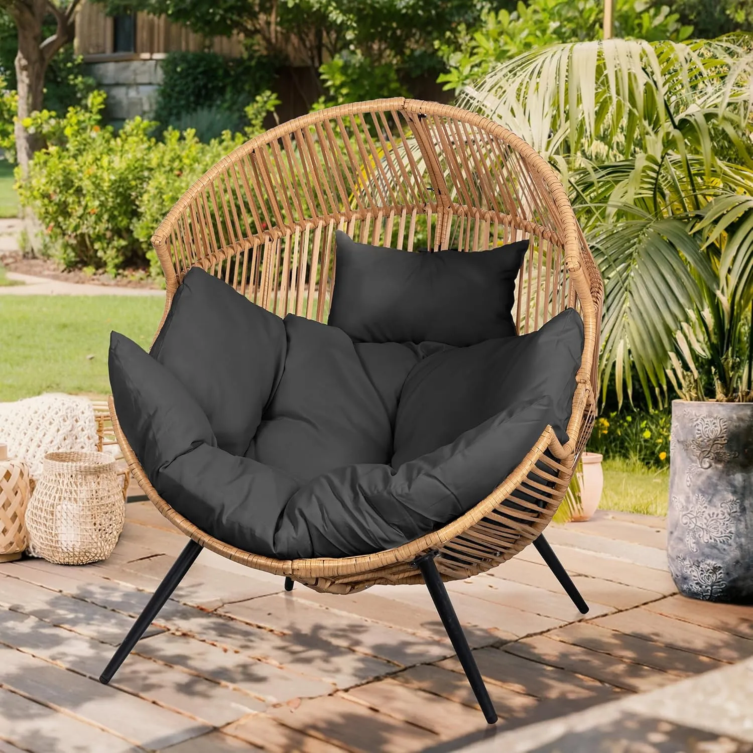 Vongrasig Wicker Egg Chair PE Rattan Chair with Cushion, Oversized Patio Lounge Chair for Outdoor, Indoor, Balcony, Backyard, Garden, Living Room, Black