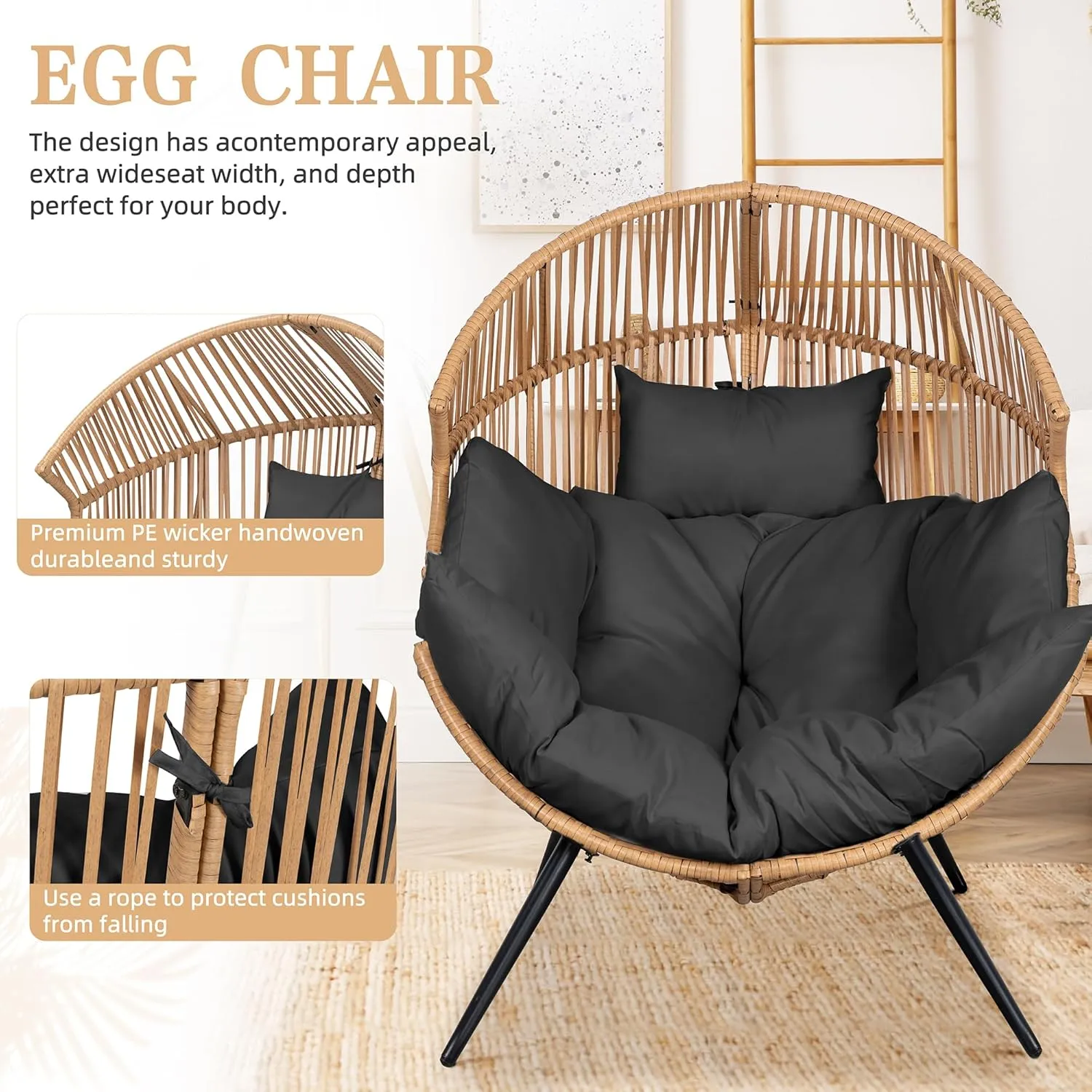 Vongrasig Wicker Egg Chair PE Rattan Chair with Cushion, Oversized Patio Lounge Chair for Outdoor, Indoor, Balcony, Backyard, Garden, Living Room, Black
