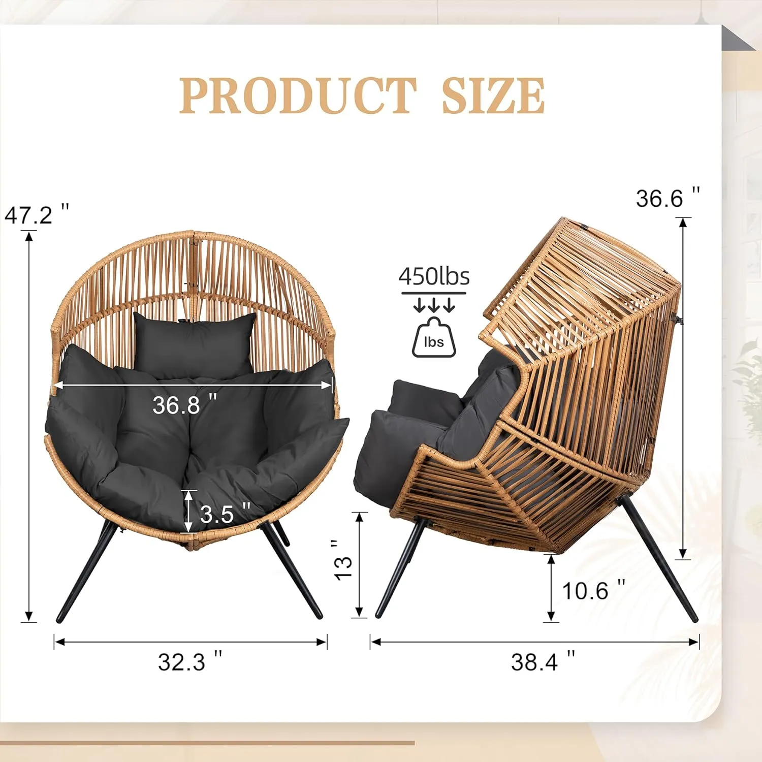 Vongrasig Wicker Egg Chair PE Rattan Chair with Cushion, Oversized Patio Lounge Chair for Outdoor, Indoor, Balcony, Backyard, Garden, Living Room, Black