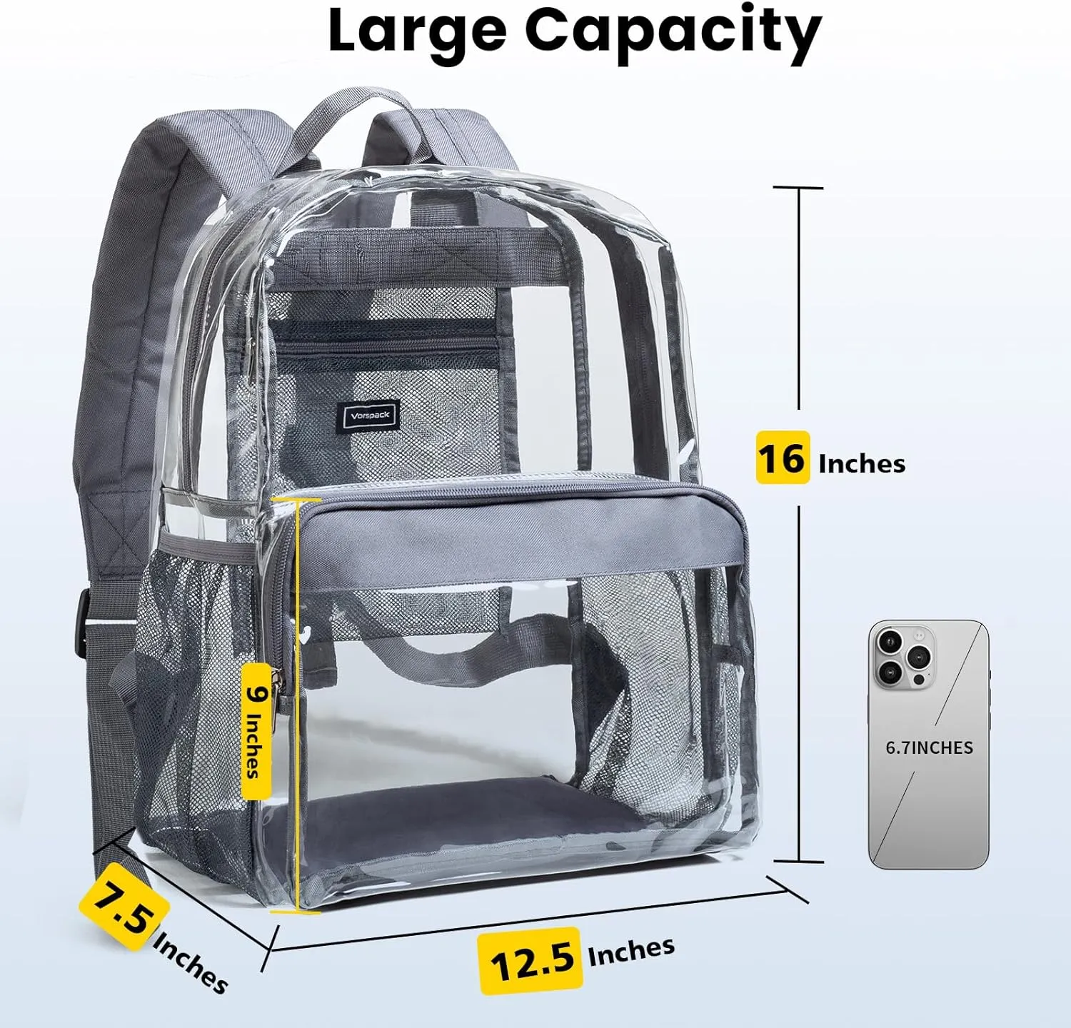 Vorspack Clear Backpack Heavy Duty - PVC Clear Book Bag with Inner Pocket Transparent Backpack for College Workplace Security - Grey